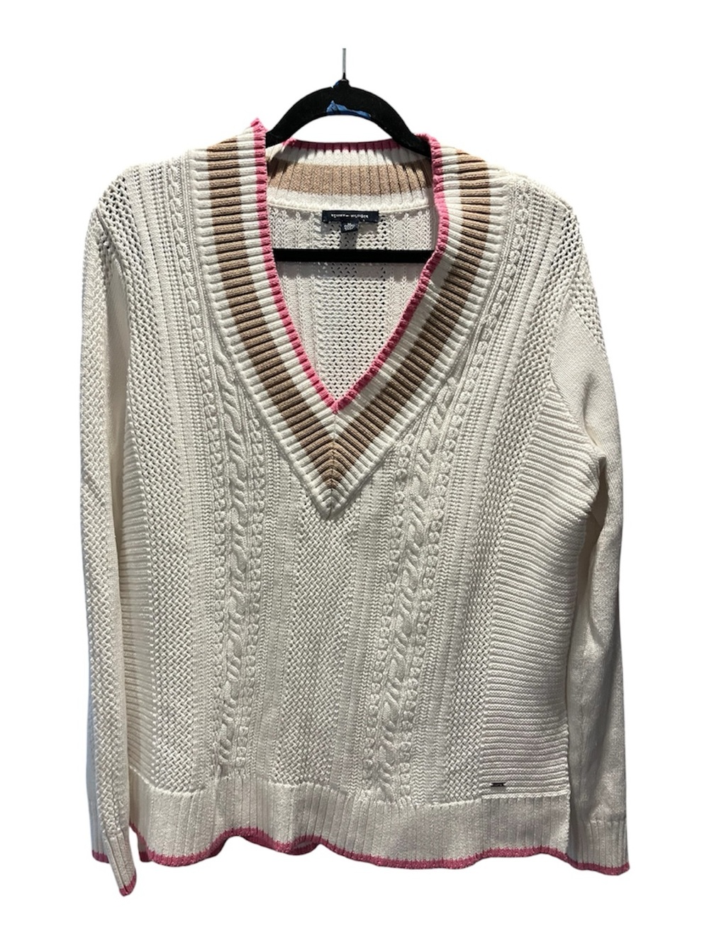 Tommy Hilfiger Cream Cable Knit V-Neck Sweater with Pink and Tan Trim